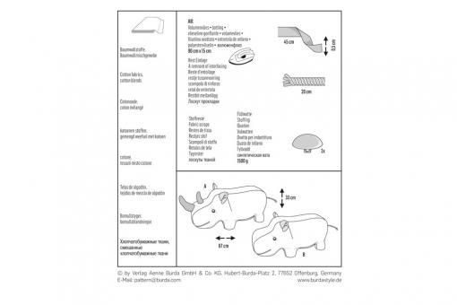 burda Schnittmuster 6560 Kuscheltiere - Nilpferd - Nashorn - XXL-Stofftier 