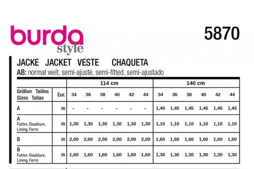 burda Schnittmuster 5870 - Jacke 