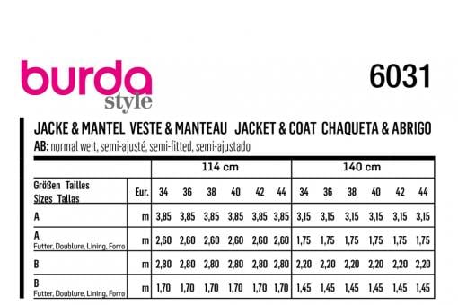 burda Schnittmuster 6031 - Mantel/Jacke 