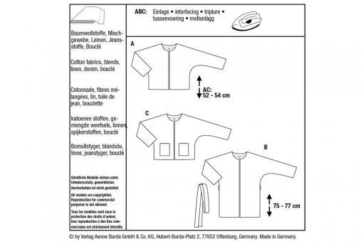 burda Schnittmuster 6123 - kragenlose Jacke 